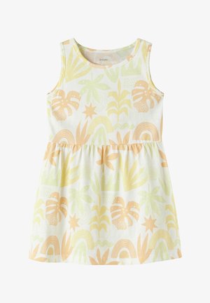 Vestido blanco sin mangas con patrones botánicos y arcoíris en tonos pastel amarillo y melocotón, cintura fruncida y escote redondo.