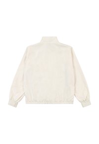 Chaqueta de manga larga color beige claro, con cuello y confeccionada en un material suave. Presenta puños elásticos y un dobladillo fruncido. Diseño liso, sin patrones.