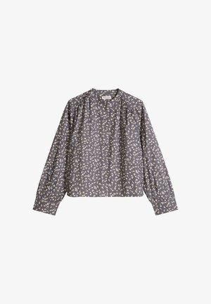 Blouse met lange mouwen met een kleine witte bloemenprint op een donkere achtergrond, met een bandkraag, knoopsluiting aan de voorkant, en geplooide schouders en manchetten.