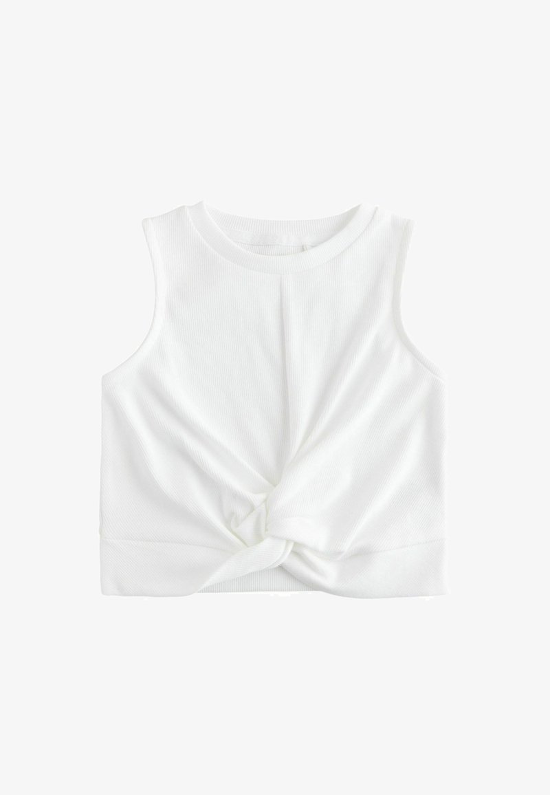 Fehér ujjatlan felső, bordázott textúrával, elöl csomó részlettel és kerek nyakkivágással. Puha, könnyű anyag.