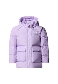 Vaaleanliila untuvatakki hupulla, jossa on kaksi etutaskua, vetoketjusuljenta ja logo vasemman yläpuolen koholla.