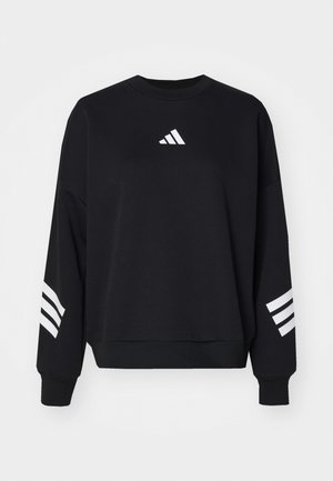 Black sweatshirt made of cotton with a round neckline. Features a white logo on the chest and three vertical white stripes on each sleeve.