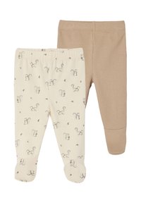 Zwei Paare von Babyhosen: eine in Creme mit Eichhörnchen-Motiven, die andere leicht braun gerippte. Beide haben ein elastisches Bündchen und sind mit Füßchen.
