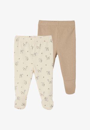 Zwei Paare von Babyhosen: eine in Creme mit Eichhörnchen-Motiven, die andere leicht braun gerippte. Beide haben ein elastisches Bündchen und sind mit Füßchen.