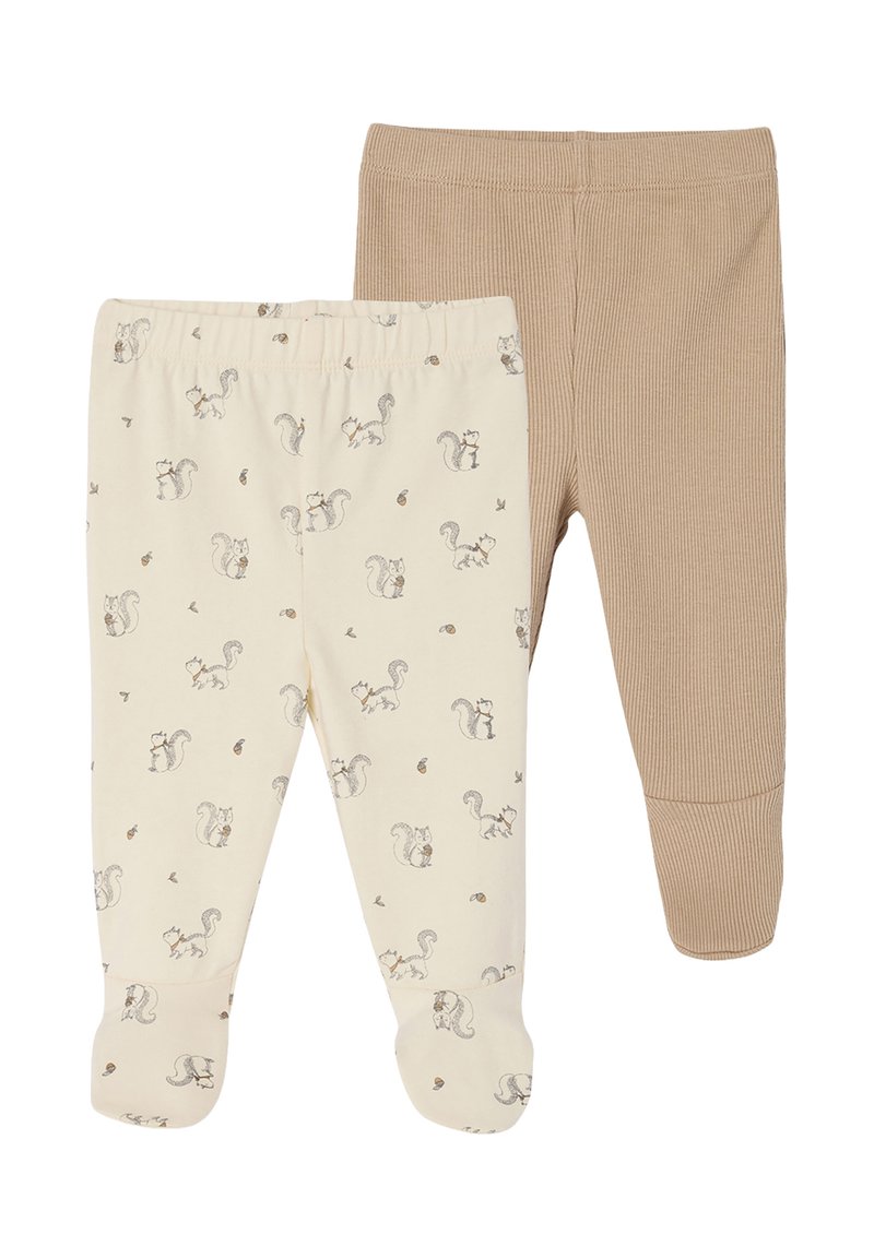 Zwei Paare von Babyhosen: eine in Creme mit Eichhörnchen-Motiven, die andere leicht braun gerippte. Beide haben ein elastisches Bündchen und sind mit Füßchen.