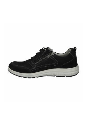 Schwarze Wildledersneaker mit weißer Gummisohle, ausgestattet mit einem Reißverschluss und Schnürverschluss, Kontrastnähten und einem runden Zehendesign.