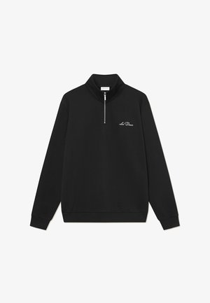 Sort sweatshirt med høj krave og kort lynlås. Har et broderet logo på venstre bryst samt ribbede mansjetter og kant.