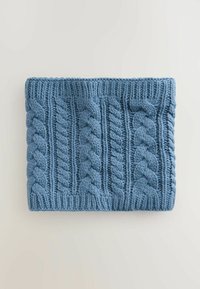 Fascia blu lavorata a maglia con un motivo a trecce in rilievo, tessuto testurizzato e orlo superiore ripiegato per una vestibilità aderente.