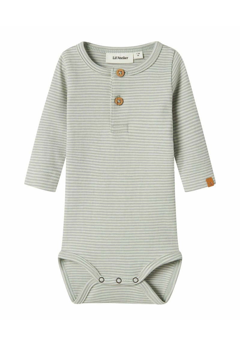 Bodysuit à manches longues, rayé vert clair, en tissu doux, avec trois boutons en bois au niveau du cou et des fermetures à pression à la base.