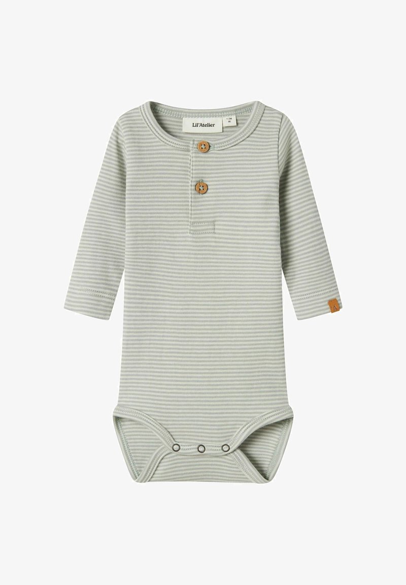 Bodysuit à manches longues, rayé vert clair, en tissu doux, avec trois boutons en bois au niveau du cou et des fermetures à pression à la base.