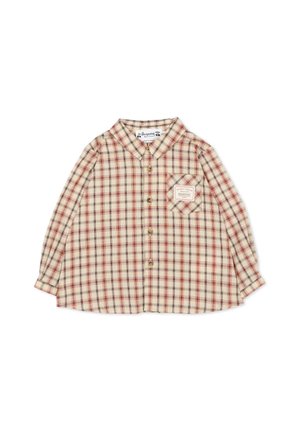 Camicia beige a quadri a manica lunga con strisce rosse e marroni, chiusura con bottoni sul davanti, colletto appuntito e taschino sul petto con etichetta.
