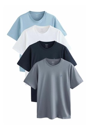 Set aus vier Kurzarm-T-Shirts in Hellblau, Weiß, Marineblau und Grau. Aus Baumwoll-Stoff, Rundhalsausschnitt, mit einem kleinen Logo auf dem grauen Shirt.