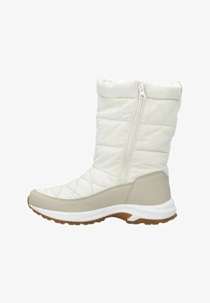 Botte d'hiver blanche matelassée avec fermeture éclair latérale, semelle intermédiaire beige et semelle extérieure en caoutchouc brun conçue pour le froid et l'adhérence.