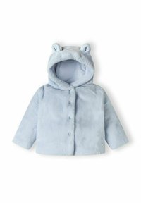 Manteau en polaire bleu clair avec une capuche ornée d'oreilles d'ours, fermeture à boutons, et tissu doux et texturé. Idéal pour la chaleur et le confort.