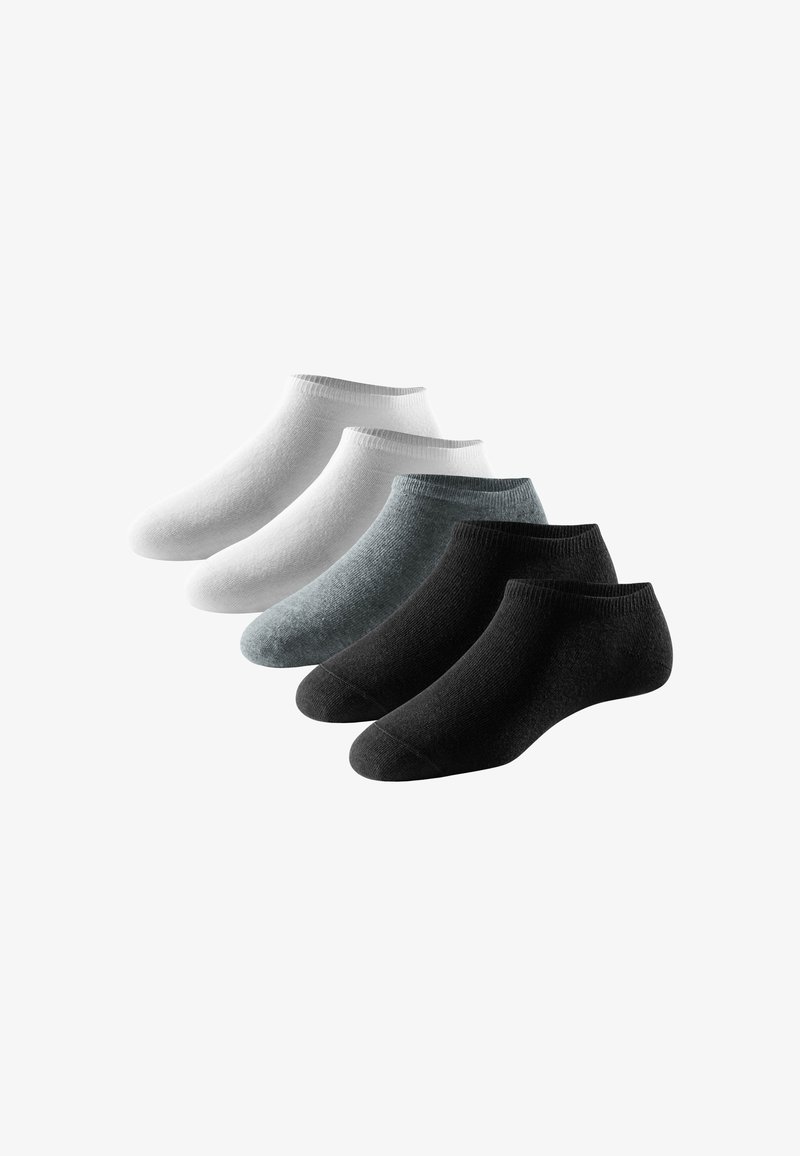 Five pairs of low-cut socks arranged in a row, colors from front to back: black, black, gray, white, white.