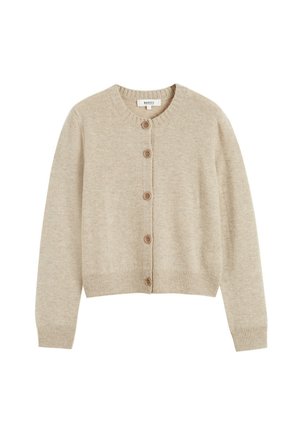 Beige knitted cardigan with a round neckline, featuring five brown buttons down the front and ribbed cuffs and hem.