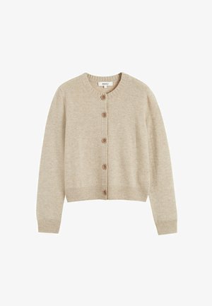 Cardigan beige en tricot avec un col rond, doté de cinq boutons marron sur le devant et de poignets et ourlet côtelés.