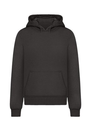 Black hoodie made of soft fabric, featuring a front kangaroo pocket, ribbed cuffs, and hem. Plain design with a drawstring hood.