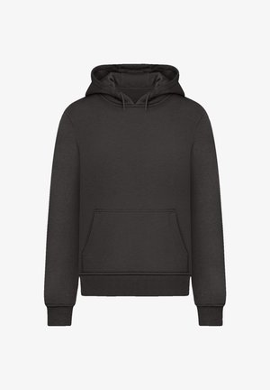 Schwarzer Hoodie aus weichem Material, mit einer aufgesetzten Kängurutasche vorne, gerippten Bündchen und Saum. Schlichtes Design mit Kapuze und Kordelzug.