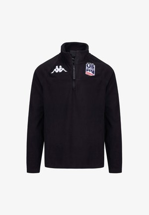 Pullover in fleece nero con zip a un quarto, con un logo Kappa bianco e un'etichetta della squadra sciistica degli Stati Uniti sul petto. Tessuto morbido, vestibilità standard.