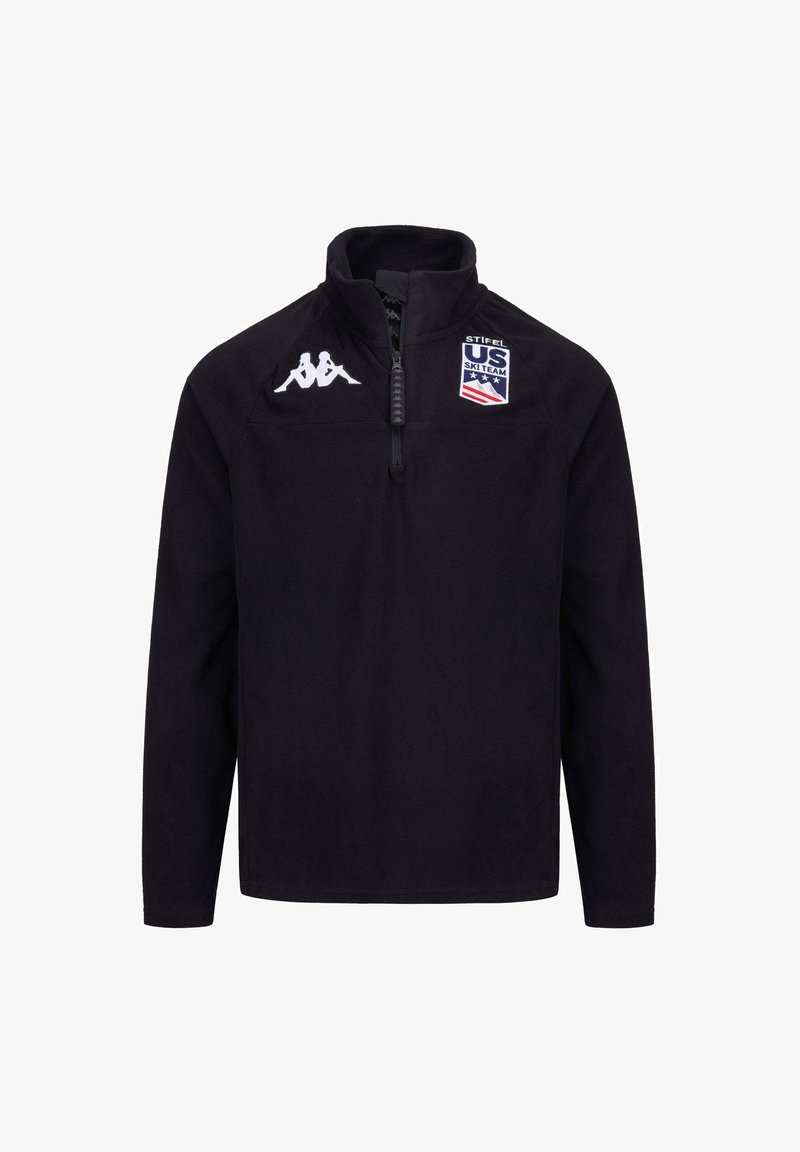 Pullover in fleece nero con zip a un quarto, con un logo Kappa bianco e un'etichetta della squadra sciistica degli Stati Uniti sul petto. Tessuto morbido, vestibilità standard.