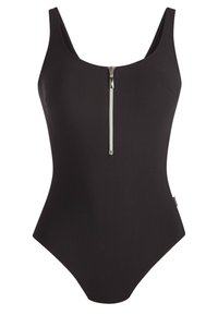 Schwarzer Einteiler-Badeanzug mit glatter, eleganter Textur, breiten Trägern und einem Reißverschluss vorne. Minimalistisches Design, keine Muster oder Akzente.