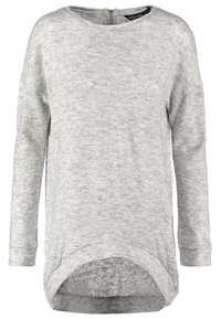 Pull à manches longues en maille gris clair avec encolure arrondie, fermeture éclair au dos et ourlet courbé plus long à l'arrière qu'à l'avant.