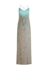 Langes türkisfarbenes Kleid mit tailliertem Oberteil, Spaghettiträgern und einem fließenden, strukturierten Rock mit einem mehrfarbigen gepunkteten Muster.