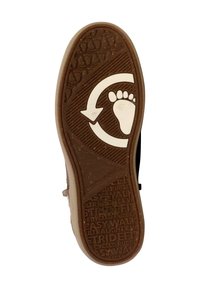 Sole di scarpa in gomma marrone con un motivo di presa testurizzato, caratterizzata da una grafica a freccia circolare e impronta di piede, contrassegnata con "EASY WALK" e altri dettagli.