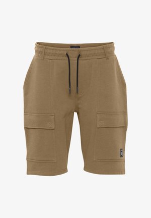 Brązowe bawełniane szorty z elastycznym paskiem, sznurkiem oraz dwiema kieszeniami cargo. Gładka tekstura i długość do kolan.