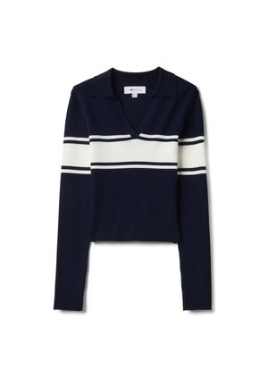 Suéter de punto acanalado en azul marino con cuello en V y mangas largas, con rayas horizontales blancas y diseño con cuello. Largo recortado.