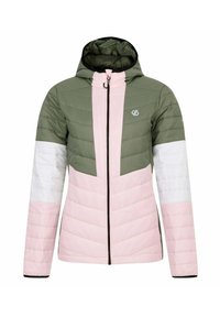 Steppjacke mit Kapuze, farblich abgesetztes Design in Grün, Pink und Weiß, mit einem Frontreißverschluss und elastischen Bündchen.