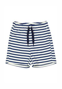 Námořnické a bílé pruhované kraťasy s elastickým pasem, nastavitelnou šňůrkou a hladkým povrchem. Bez kapes nebo dalších detailů.