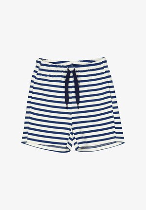 Shorts rayés bleu marine et blanc avec une taille élastique, un cordon de serrage réglable et une texture lisse. Pas de poches ni de détails supplémentaires.