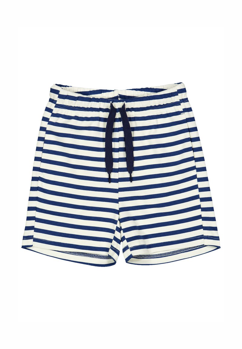 Námořnické a bílé pruhované kraťasy s elastickým pasem, nastavitelnou šňůrkou a hladkým povrchem. Bez kapes nebo dalších detailů.
