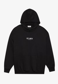 Sudadera negra de algodón, con un bolsillo frontal, puños acanalados y texto "OFF LIMITS" en blanco. Diseño sencillo con un ajuste clásico.