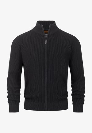 Sort strikket zip-up cardigan med høj krave, ribbede manchetter og kant. Har et struktureret mønster over hele kroppen og et logo på siden.