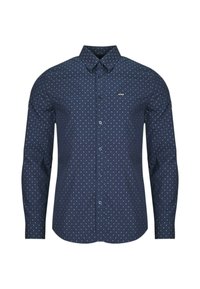 Camicia a maniche lunghe di colore blu navy con pois bianchi, colletto button-down e un piccolo logo sul lato sinistro del petto. Texture del tessuto liscia.