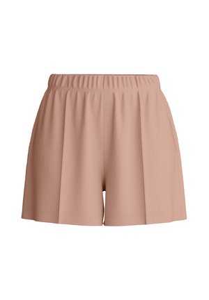 Damesshorts met hoge taille in lichtbruin, voorzien van een elastische tailleband en losse, geplooide pijpen.