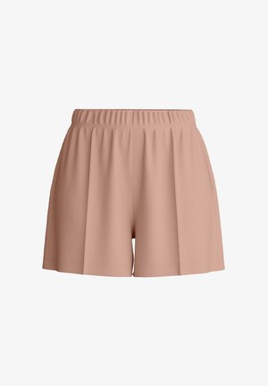 Shorts da donna a vita alta in marrone chiaro con elastico in vita e gambe larghe e plissettate.