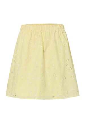 Falda amarilla corte en A con cintura elástica y bordado blanco floral en tejido ligero.