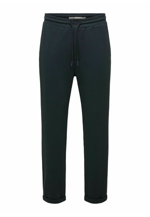 Pantalon noir décontracté avec taille élastique, cordon de serrage, poches latérales et revers remontés, présenté sur fond blanc.
