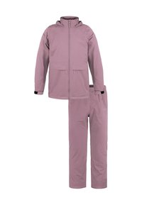Helle pink wasserdichte Jacke mit Kapuze und Reißverschluss, kombiniert mit passenden elastischen Hosen. Beide haben eine glatte Textur und minimalistische Akzente.