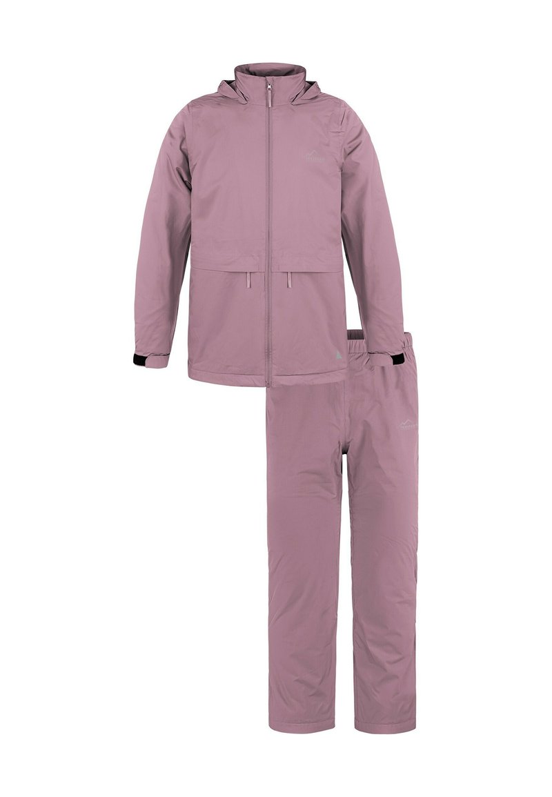 Helle pink wasserdichte Jacke mit Kapuze und Reißverschluss, kombiniert mit passenden elastischen Hosen. Beide haben eine glatte Textur und minimalistische Akzente.