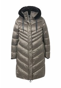 Puffet beige parka med hætte i sort imiteret pels, sorte snore og chevron quiltning; har lynlås lukning og lommer.