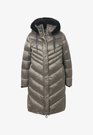Puffy beige parka coat with a black faux fur-lined hood, black drawstrings, and chevron quilting patterns; features zip closure and pockets.
