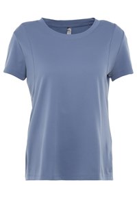 Tričko s krátkým rukávem a kulatým výstřihem v světle modré barvě s texturovanou látkou. Jednoduchý design bez dalších zdobení nebo vzorů.