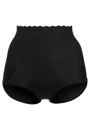 High-waisted black shapewear with a smooth texture, featuring a scalloped waistband and subtle diamond pattern on the front.
