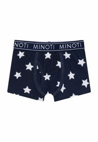 Kraljevsko plavi bokserice s uzorkom bijelih zvijezda, izrađene od mekog materijala, s kontrastnim pojasom s logom "MINOTI".