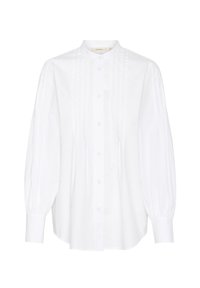 Blouse blanche boutonnée avec manches longues bouffantes, col montant et détail plissé à l'avant.